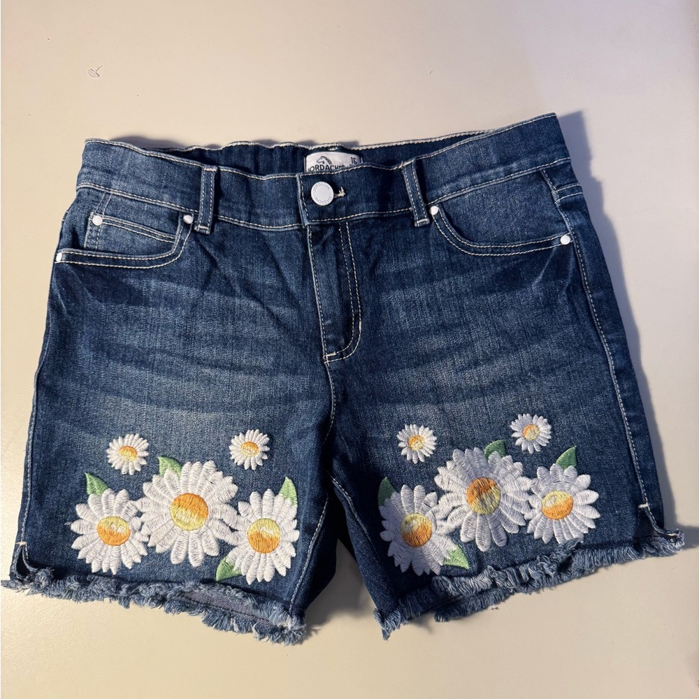 Jordache Dark Wash Denim Shorts with White & Yellow Daisy Embroidery